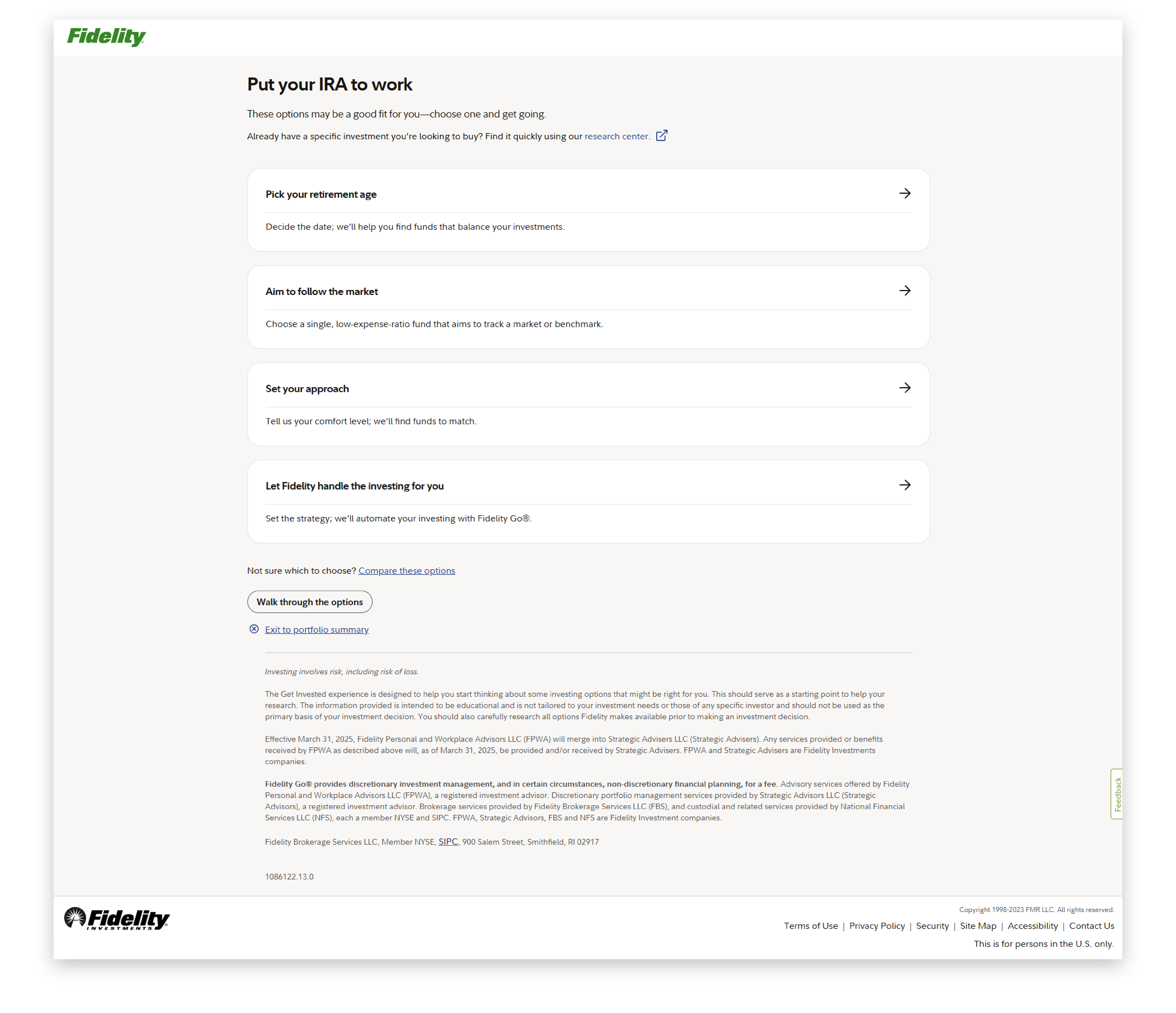 "Get Invested" screen showing investment setup options such as choosing a retirement age, following the market, or hiring professional management.