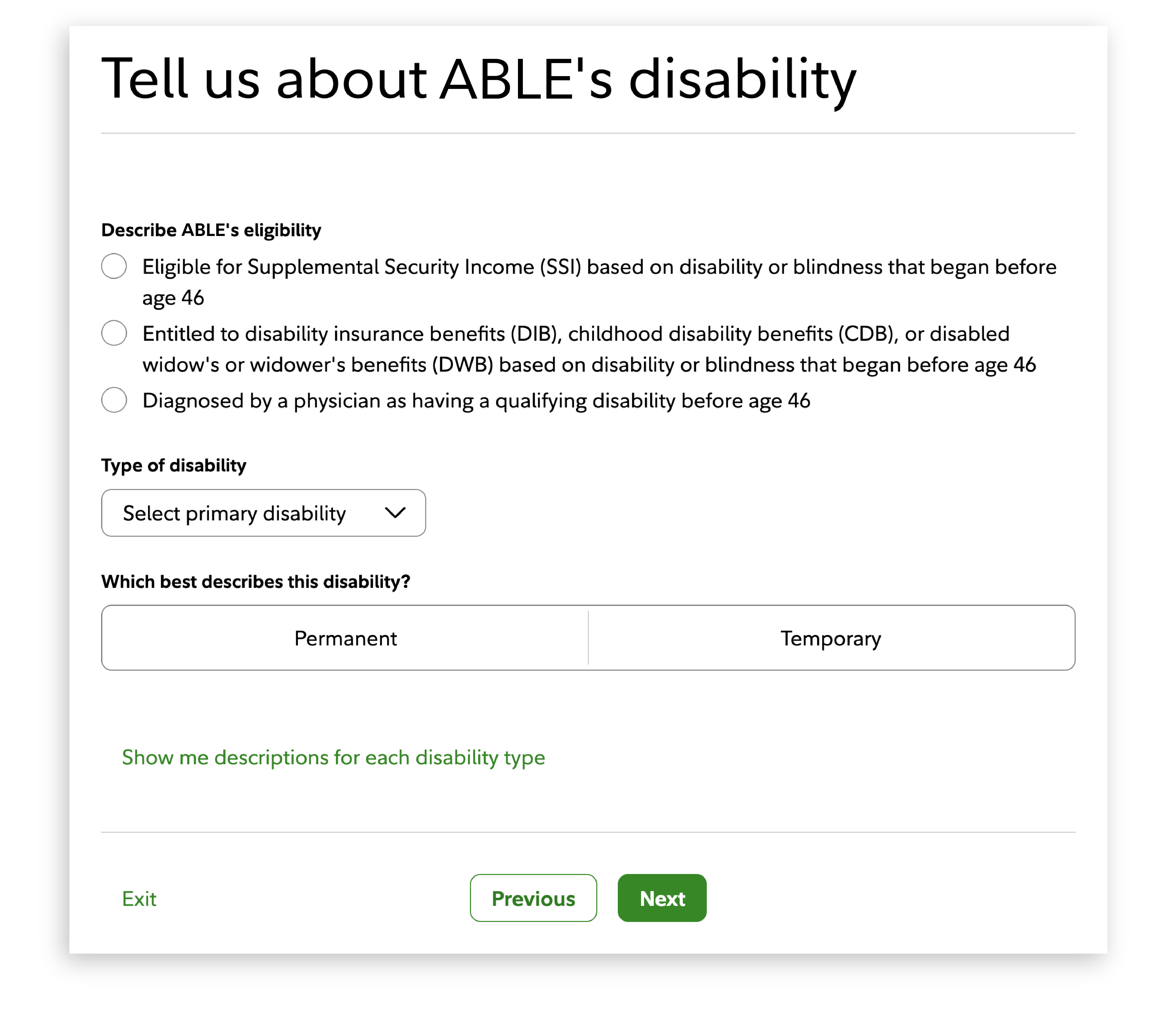 ABLE’s disability section that asks personal information.