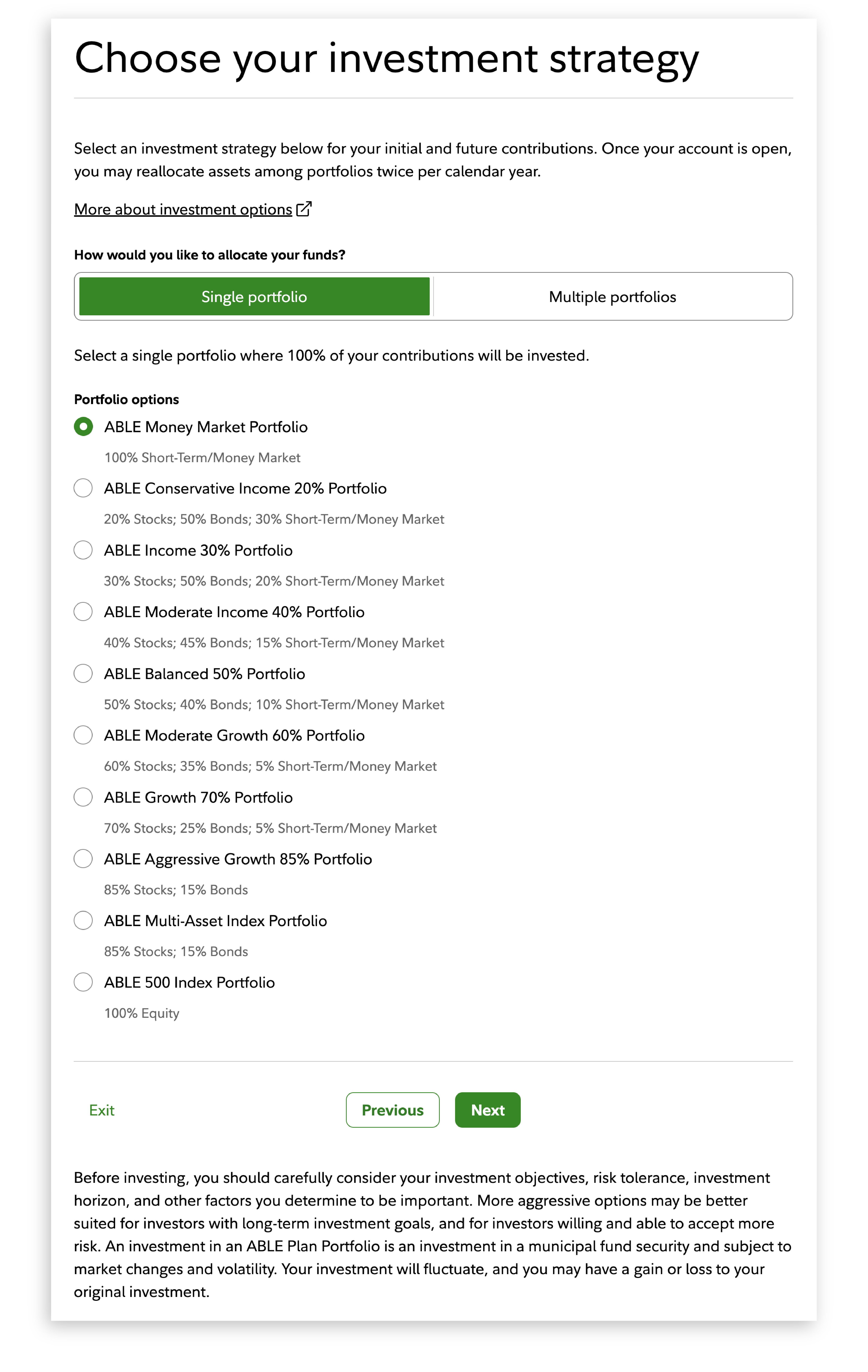 The Choose your investment strategy section with options and portfolios to select. The Single Portfolio and ABLE Money Market Portfolio are selected.