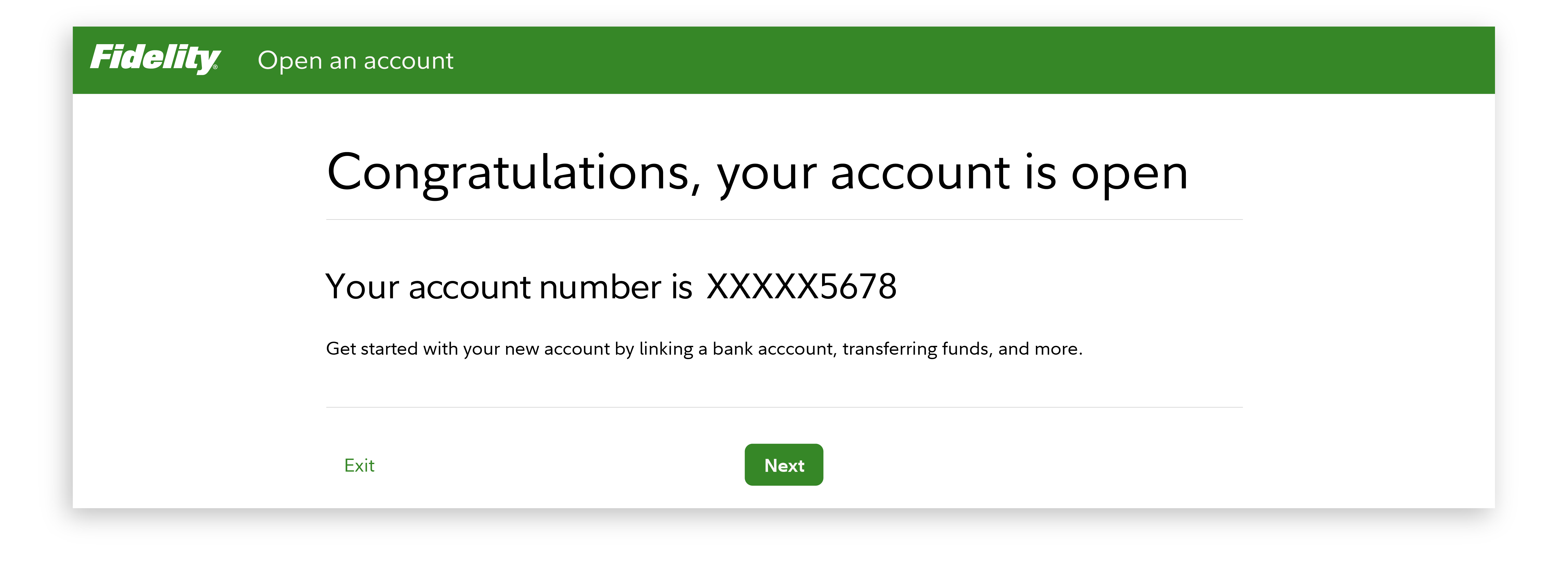 Congratulations message confirming the account is open.