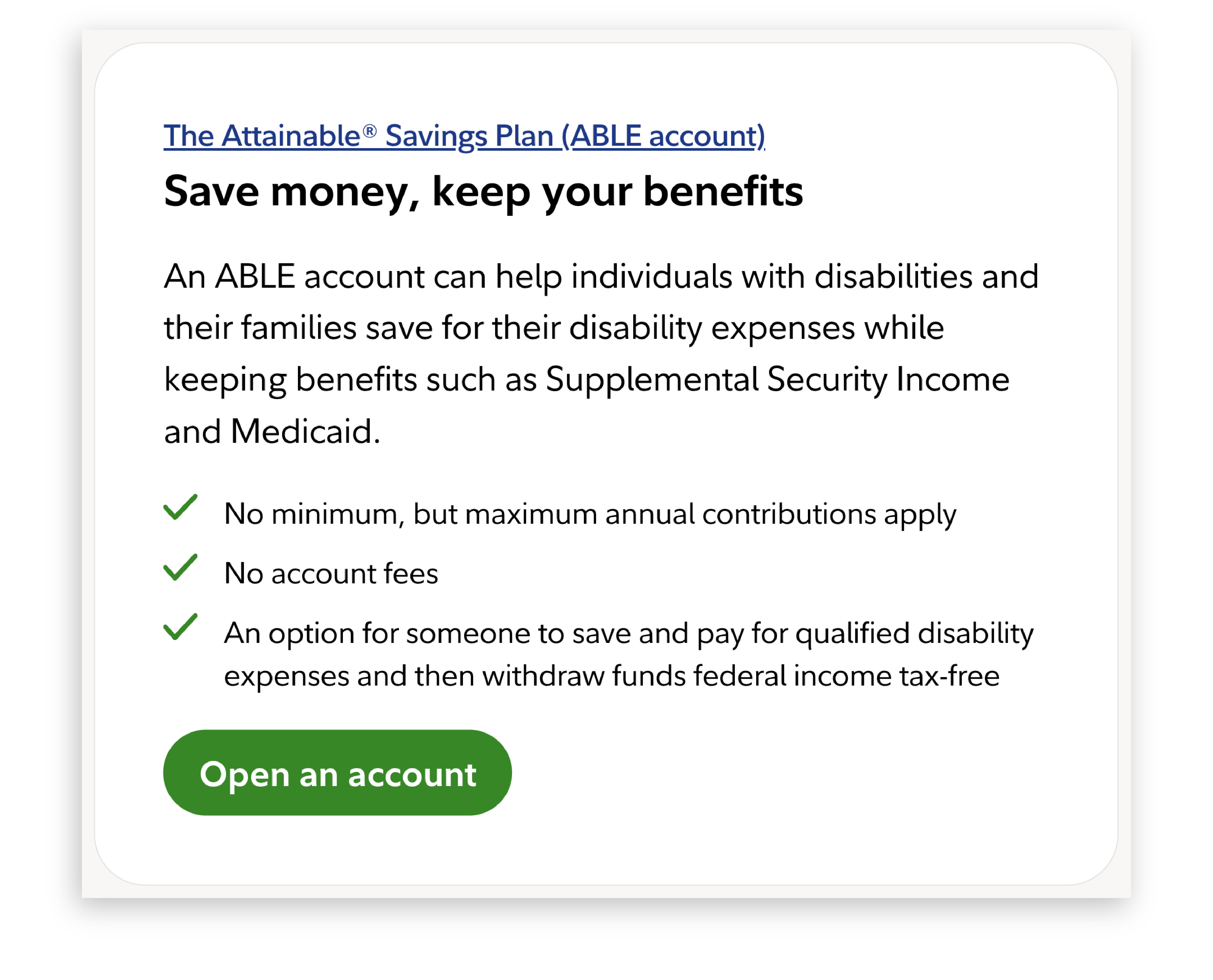 The Attainable Savings Plan (ABLE account) section on Fidelity.com, highlighting the "Open an account" button and descriptions of an ABLE account.