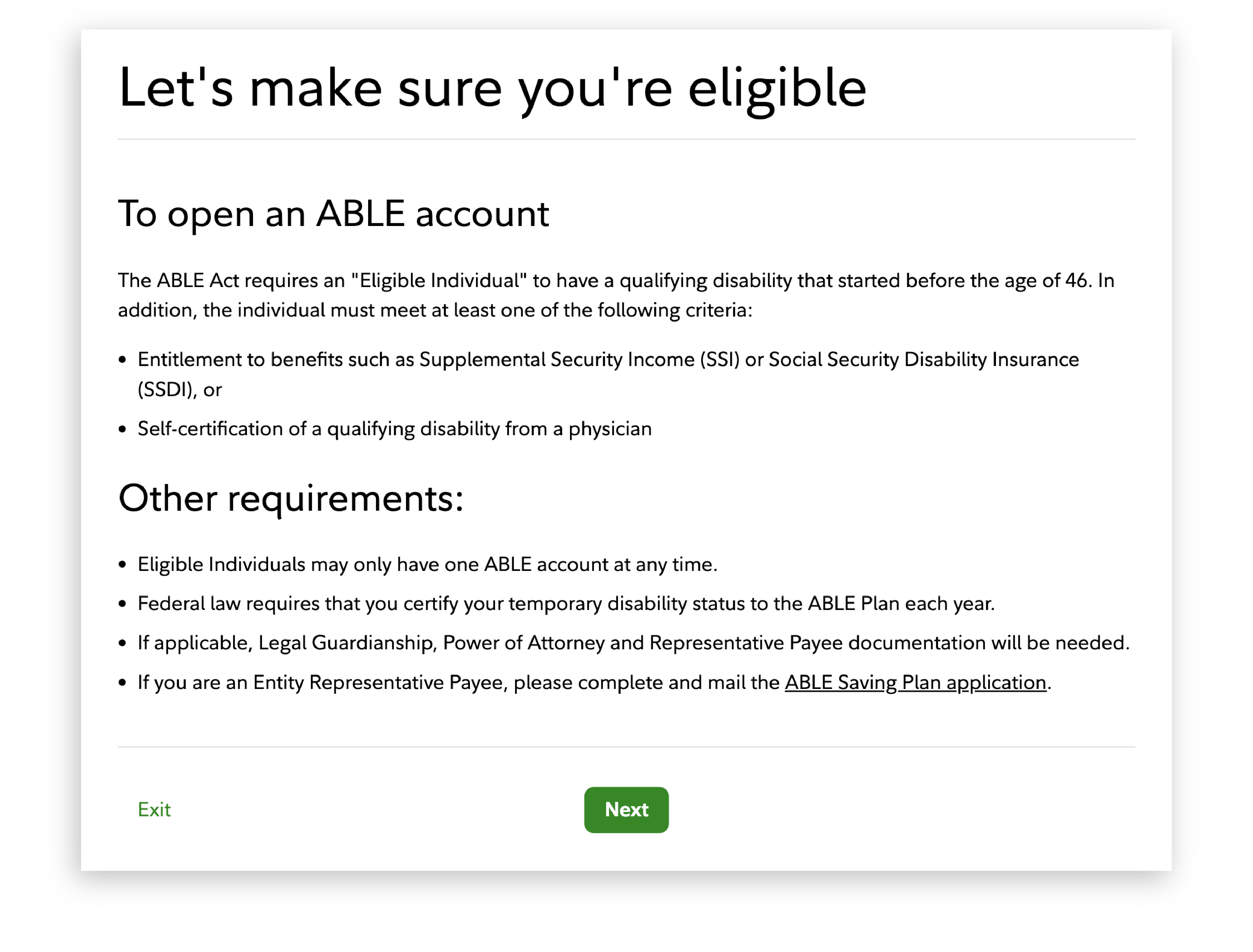 Fidelity prompt reviewing eligibility criteria and other requirements to open an ABLE account.