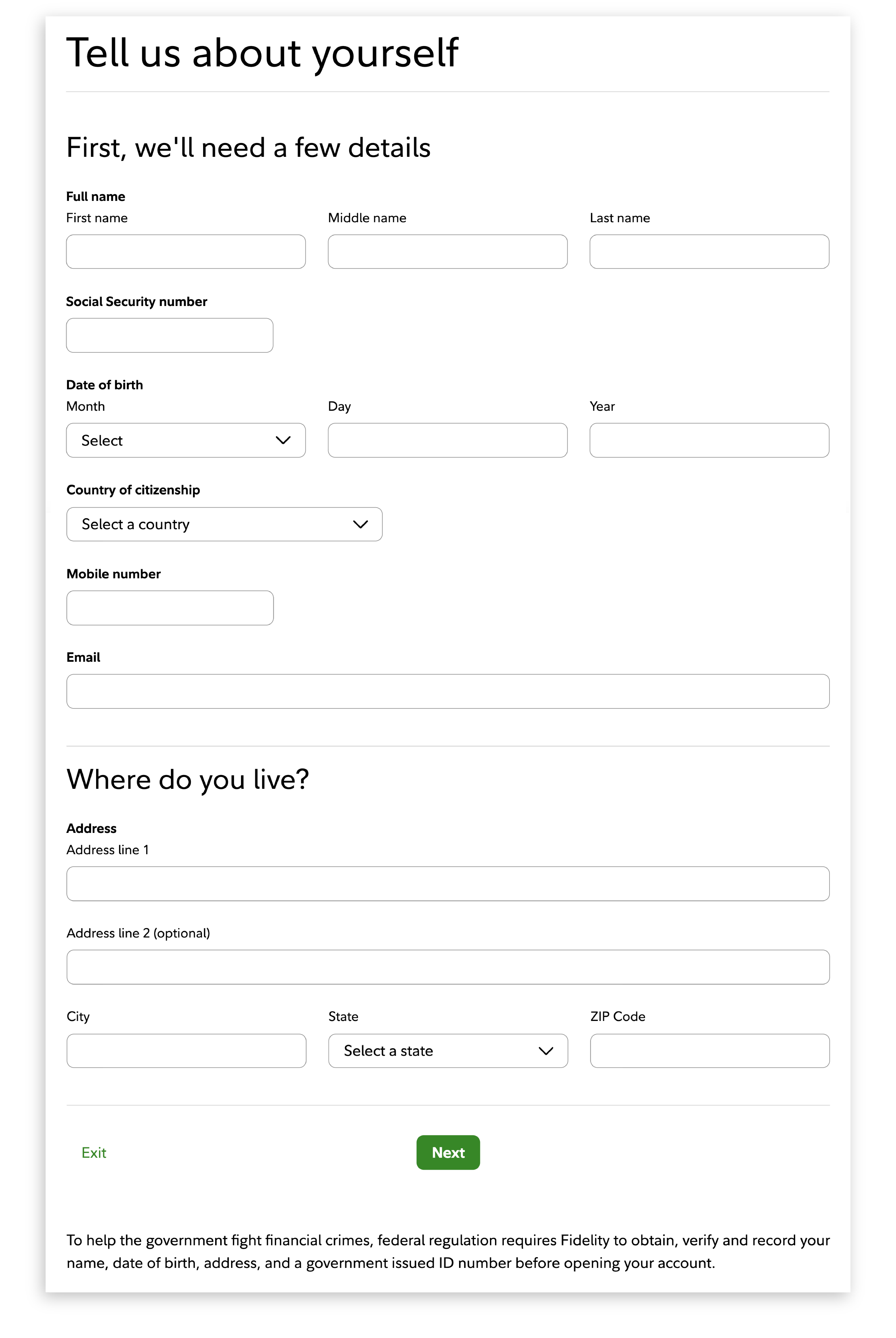Form requesting personal information including name, Social Security number, date of birth, and contact details.