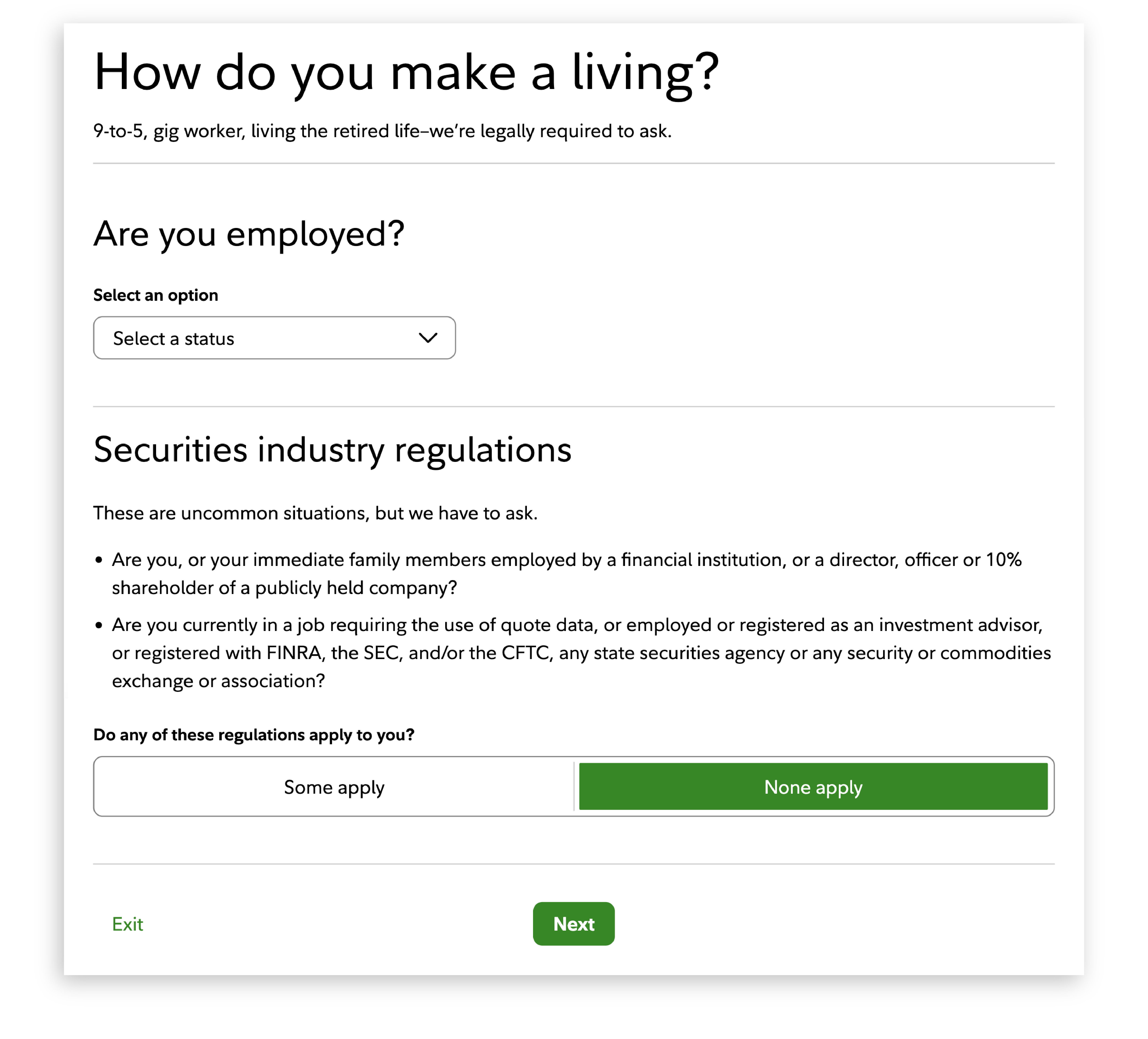 Employment information section, asking about employment status and regulatory disclosures related to the financial industry.