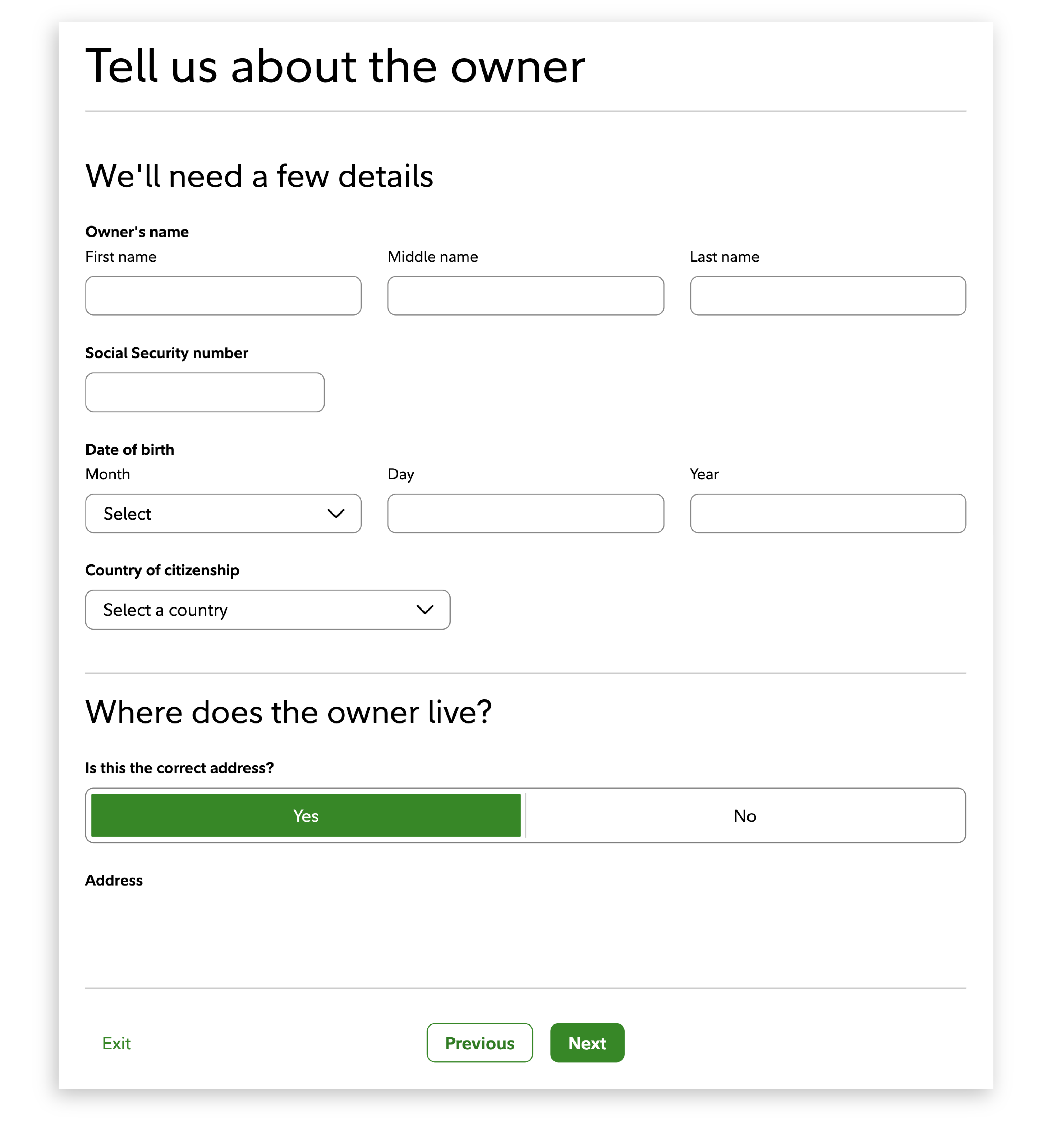 Owner section, that asks personal information about the owner.