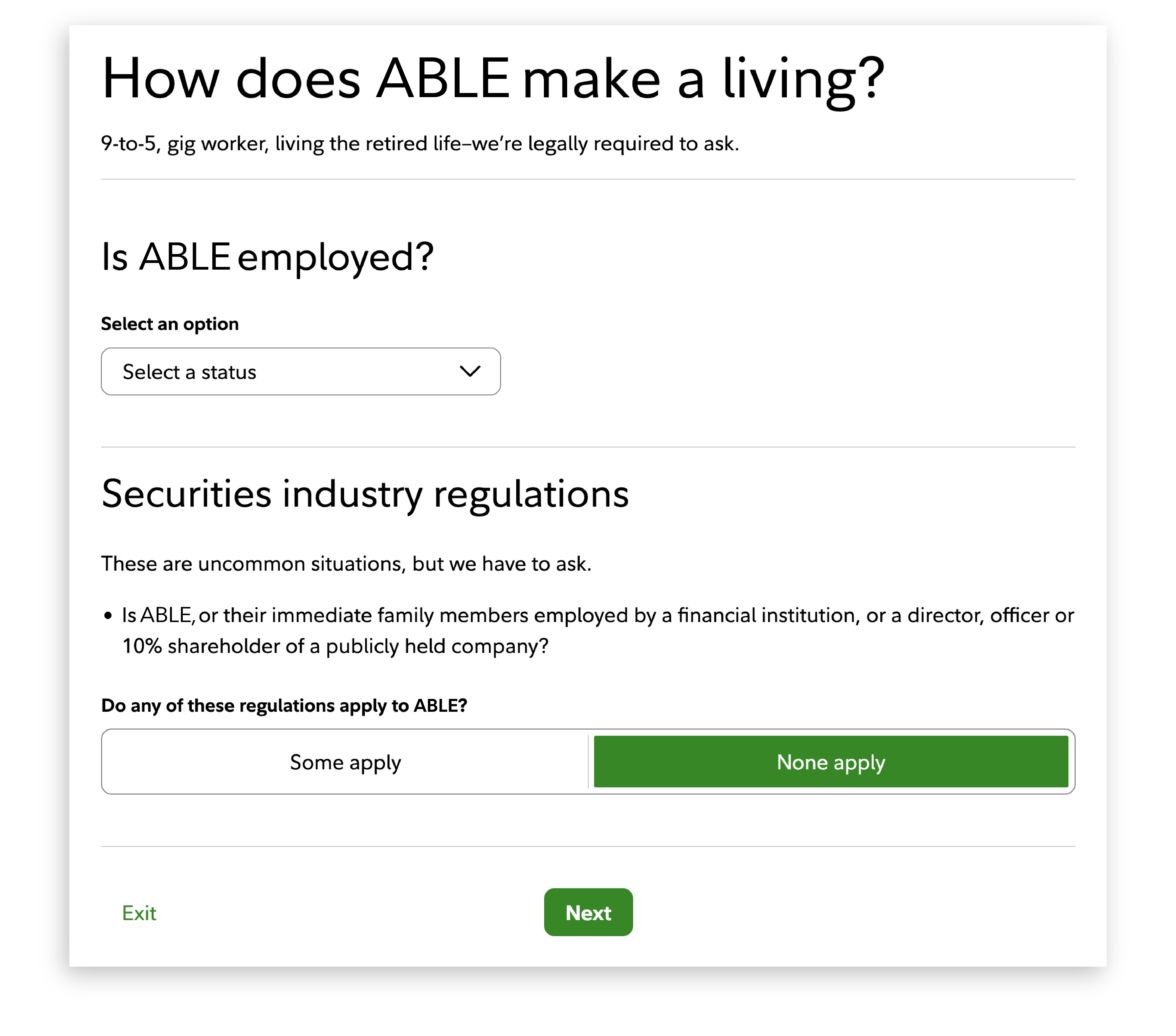 Employment section, that asks employment status about ABLE.