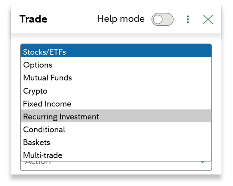 Selection choices from Trade dropdown menu with Recurring Investment visually emphasized.