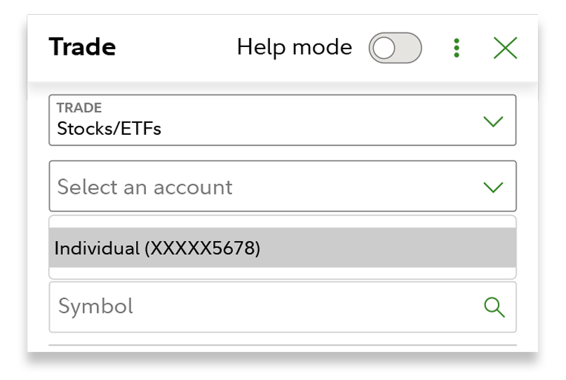 Trade ticket highlighting the individual account. Trade Stocks/ETFs is selected.