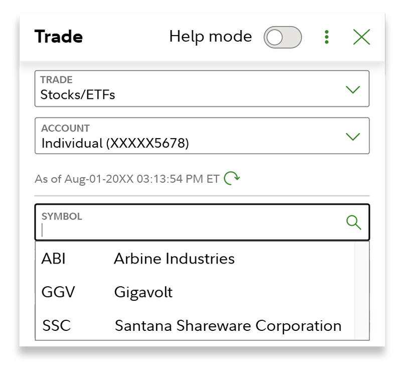 Trade ticket on Fidelity.com with the individual account visually emphasized. Trade Stocks/ETFs is selected, and 3 fictional stocks are displayed under Symbol.