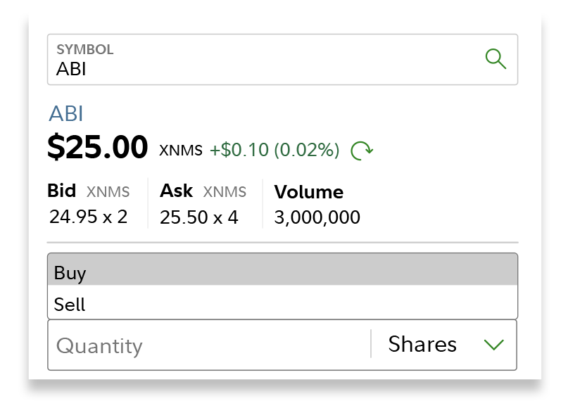 Trade ticket on Fidelity.com with the individual account visually emphasized. The fictional stock ABI is shown with quote information. Order to buy visually emphasized.