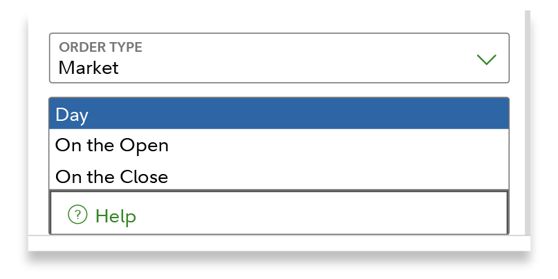 Order type information displayed, with Market and Day visually emphasized.