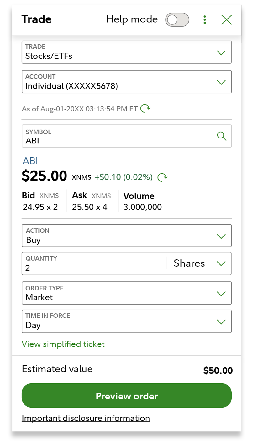 Completed trade ticket shown with all selections shown. Option to Place an Order visually emphasized as action to take.