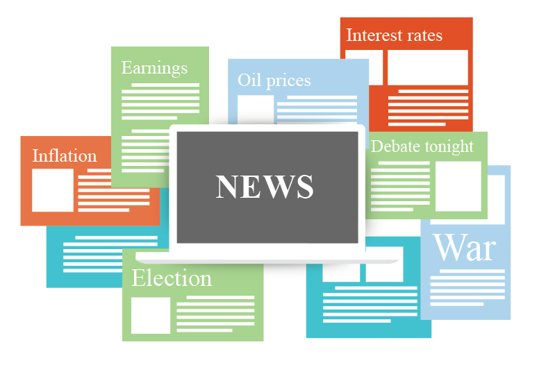 Decorative illustration shows many headlines coming at you from behind a computer, including election news, world conflict, earnings, and interest rates, among others. 