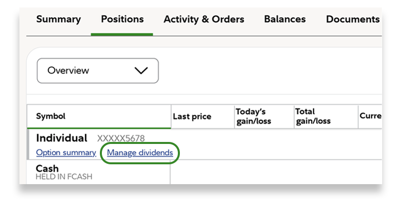 Fidelity brokerage account positions page with a green circle around the manage dividends link under the account number.