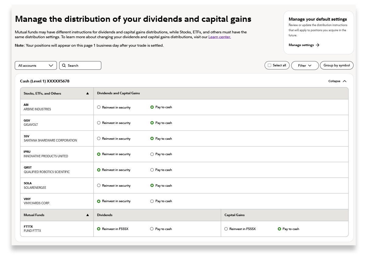 List of holdings with choices to reinvest or pay out dividends and capital gains. A sidebar on the right includes a section to manage default settings.