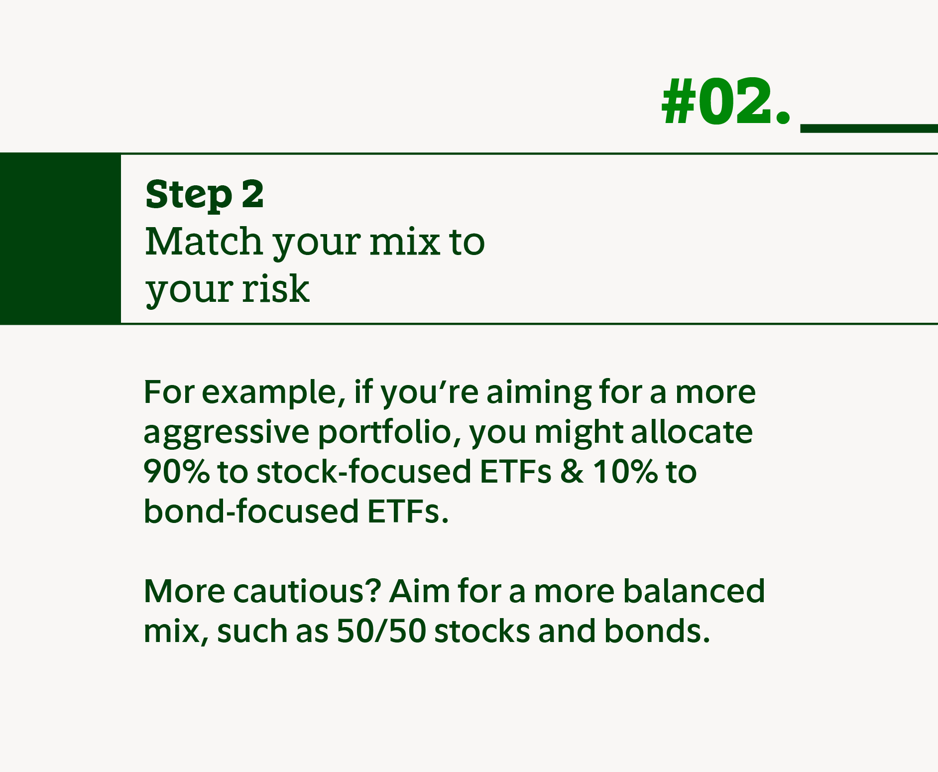 Step 2 Match your mix to your risk. For example, if you're aiming for a more aggressive portfolio, you might allocate 90% to stock-focused ETFs and 10% to bond-focused ETFs. More cautious? Aim for a more balanced mix, such as 50/50 stocks and bonds.