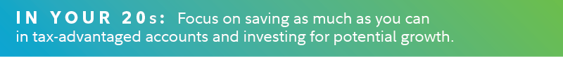 How to plan for retirement in your 20s: Focus on saving as much as you can in tax-advantaged accounts and investing for growth potential. 