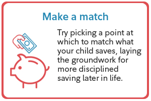 Make a match. Try picking a point at which to match what your child saves, laying the groundwork for more disciplined saving later in life.