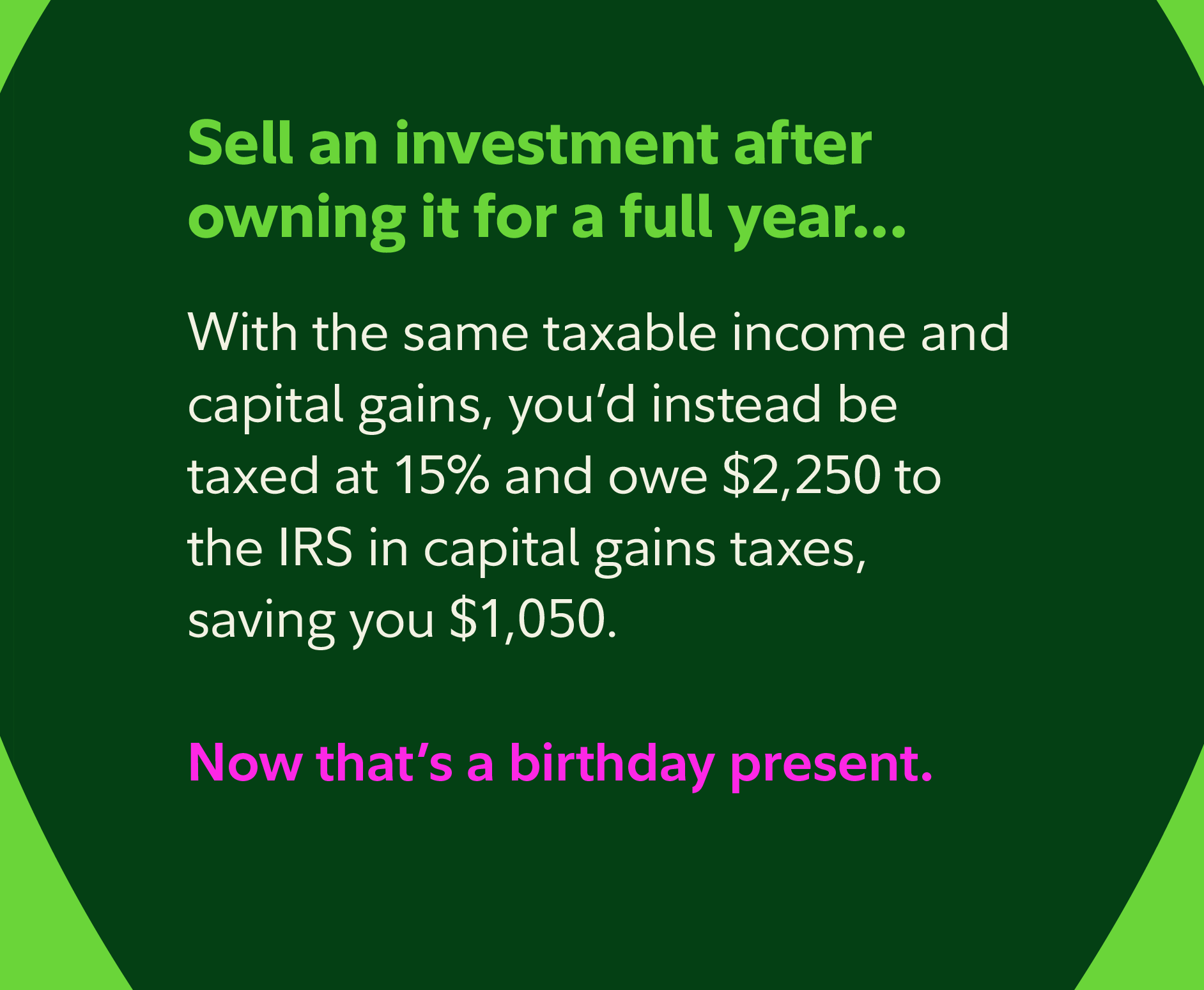 Selling an investment after owning it for a full year: With the same taxable income and capital gains, you'd instead be taxed at 15% and owe $2,250 to the IRS in capital gains taxes, saving you $1,050.